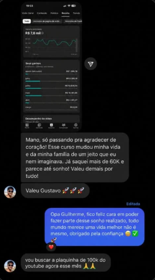 Relato do aluno Guilherme mostrando o crescimento do canal