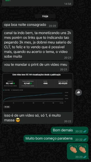 Relato de aluno mostrando visualizações e receita de um vídeo